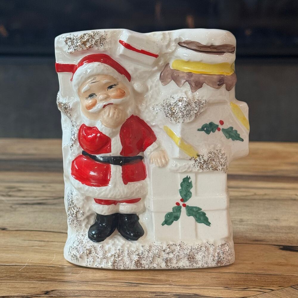 Vintage Ucagco Japan Ceramic Santa Stacked Presents Christmas Planter MCM 5"